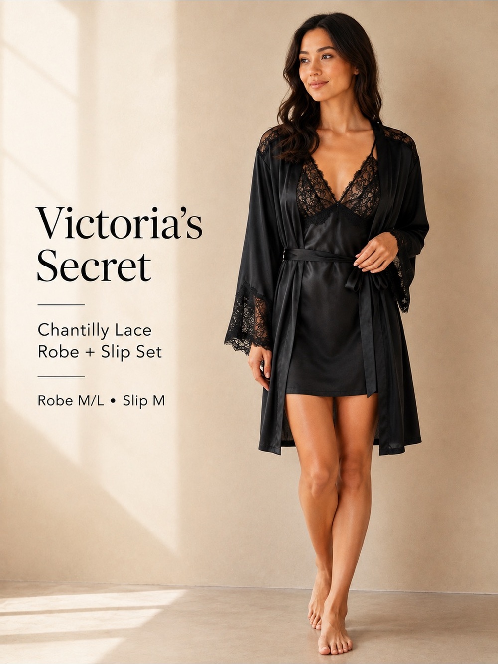 Victoria’s Secret Black Satin Chantilly Lace Robe + Slip Set M/L